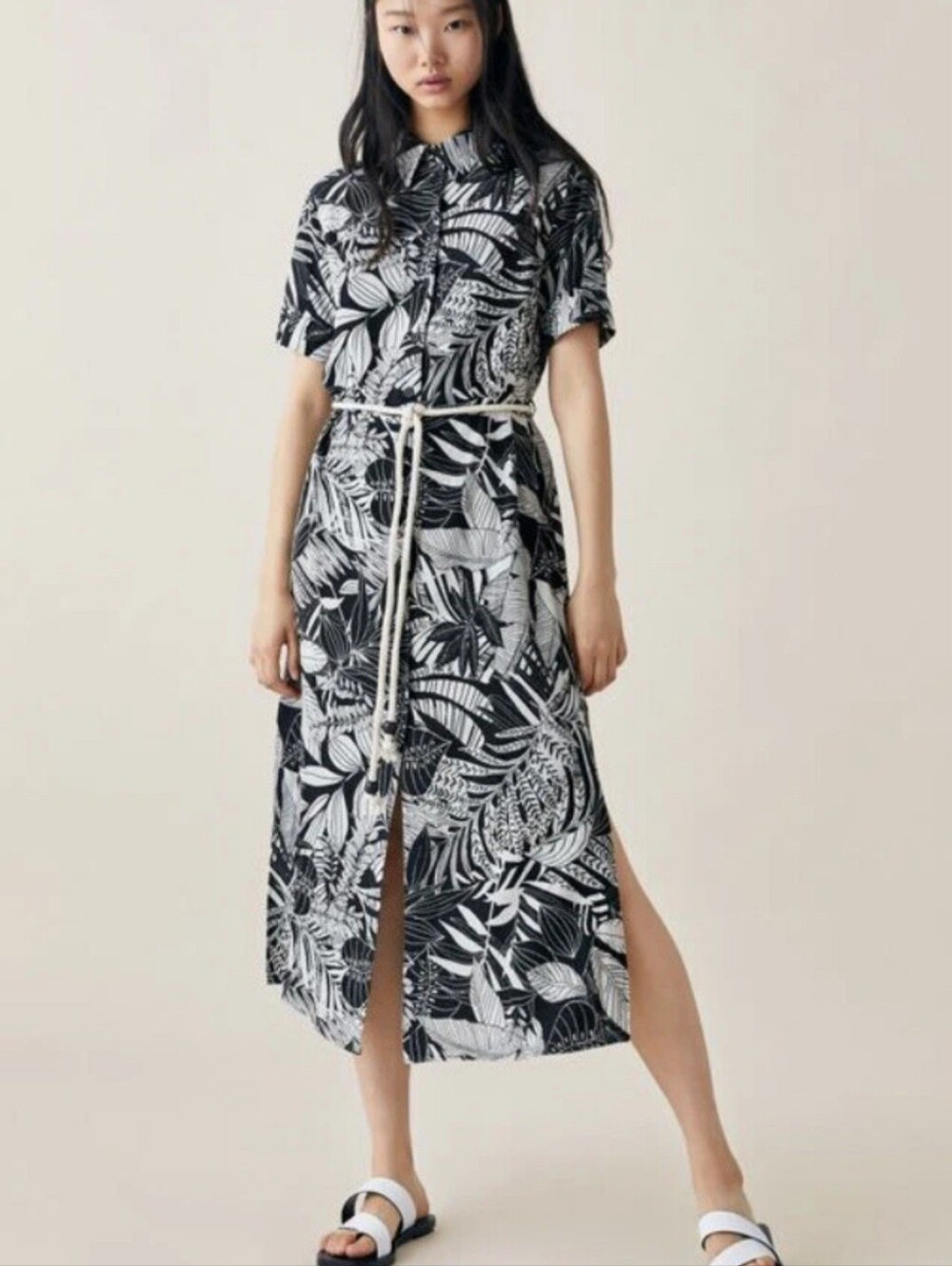 Zara Black And White Tropical Print Midi Shirt Dress